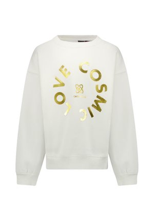 Witte sweatshirt met gouden folieprint en cirkelvormige tekst. Het ontwerp heeft een ronde hals en ribgebreide manchetten. Gemaakt van zachte stof.