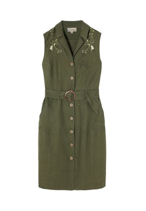 Vestido de lino verde oliva con cuello tipo camisa, diseño sin mangas, cierre de botones en el frente, dos bolsillos y adornos de bordado floral.