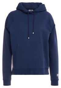 Felpa blu navy con tasca frontale, cappuccio regolabile e maniche raglan. Presenta una texture morbida e un accento di logo bianco sul polsino.