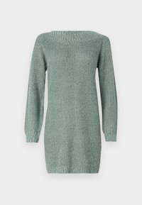Robe pull tricotée à manches longues vert clair avec un motif texturé, des poignets côtelés et un ourlet droit sur un fond uni.