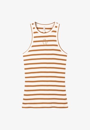 Gestreept tanktop in bruin en crème, ribbelstructuur, ronde halslijn, heeft een klein logo in de linkerbovenhoek, mouwloos ontwerp.