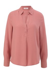 Helles rosa Blusenshirt mit einem kragenförmigen Halsauschnitt, langen Ärmeln und einer Knopfleiste mit drei Knöpfen. Glatter Stoff mit einem dezenten Glanz.