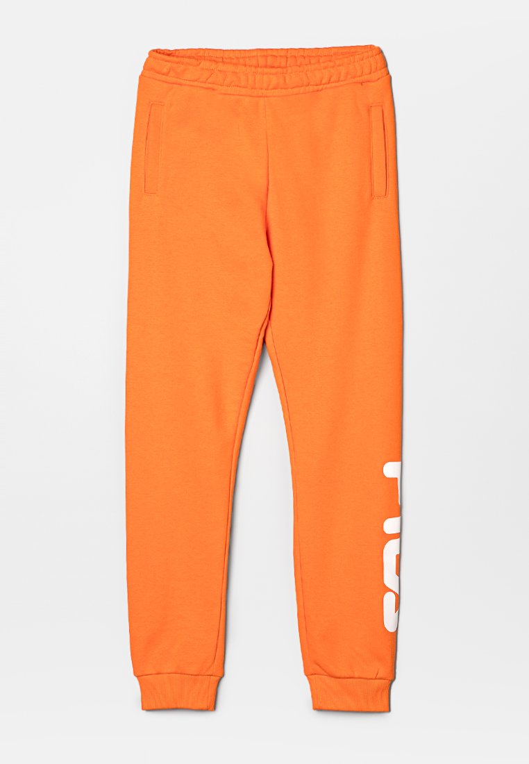 Pantalon de survêtement orange en tissu doux, doté d'une ceinture élastique confortable, de deux poches latérales et d'une inscription blanche sur la jambe gauche.