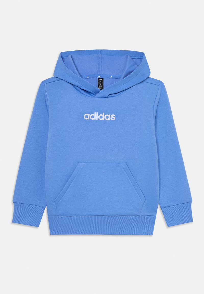 Puhaszálas pamut keverékből készült kék kapucnis pulóver, elülső részén kenguruzsebbel és fehér nyomott "adidas" logóval.