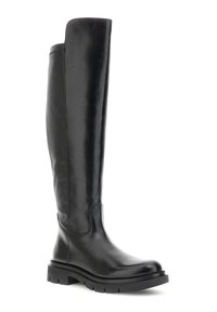 Bota alta de cuero negro con suela gruesa, acabado suave y caña alta que se extiende por encima de la rodilla, vista desde un lado.