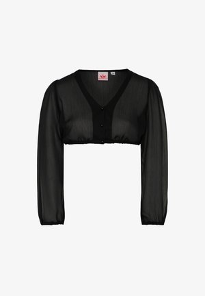 Zwarte cropped blouse met lange doorschijnende mouwen, V-hals en knoopsluiting aan de voorkant. De stof is lichtgewicht en textuur.