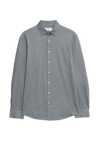 Grijze langwerpige blouse met lange mouwen, gemaakt van zachte stof, met een knoopsluiting aan de voorkant, gestructureerde kraag en met knopen sluitende manchetten. Soepele textuur, geen patronen.