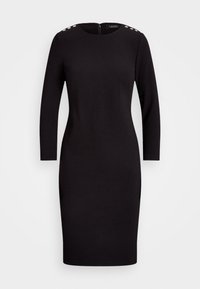 Svart, figurnära klänning med långa ärmar, rund halsringning och dekorativa silverknappar på axlarna. Slätt tyg med en ren silhuett.