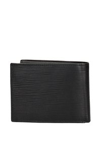 Zwarte bi-fold portemonnee van getextureerd leer, met een golvend patroon en gestikte randen. Compact ontwerp, met een open en vlakke structuur.