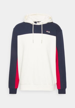 Felpa con cappuccio caratterizzata da blocchi di colore blu navy, bianco e rosso. Realizzata in cotone, con coulisse e un piccolo logo sul petto.