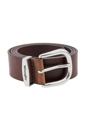 Brown leather belt with a silver metal buckle. Features a textured finish and a logo on the buckle. Belt is coiled for display.
