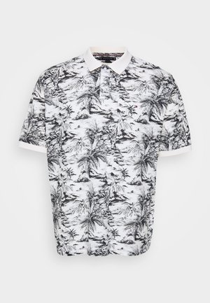 Rövid ujjú fehér pólóing fekete pálmafás mintával, fehér gallérral és háromgombos fodorral. Pamut anyagból, laza szabással.