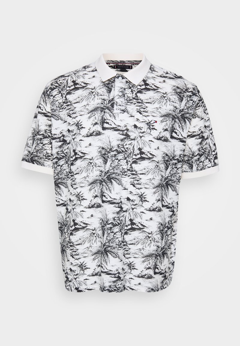 Kurzärmeliges Polohemd in Weiß mit schwarzem Palmenmuster, ausgestattet mit weißem Kragen und einer Knopfleiste mit drei Knöpfen. Baumwollstoff, legerer Schnitt.