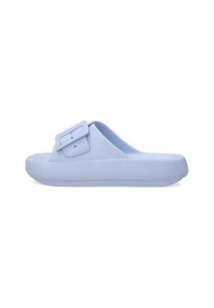 Light blue slide sandal made of textured material, featuring a wide strap with a rectangular buckle and a textured sole for grip.