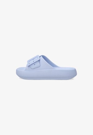 Light blue slide sandal made of textured material, featuring a wide strap with a rectangular buckle and a textured sole for grip.