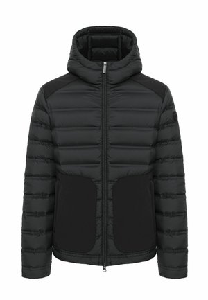 Veste d'hiver matelassée noire avec capuche, fermeture éclair intégrale devant et poches plaquées en tissu contrasté sur les côtés avant.