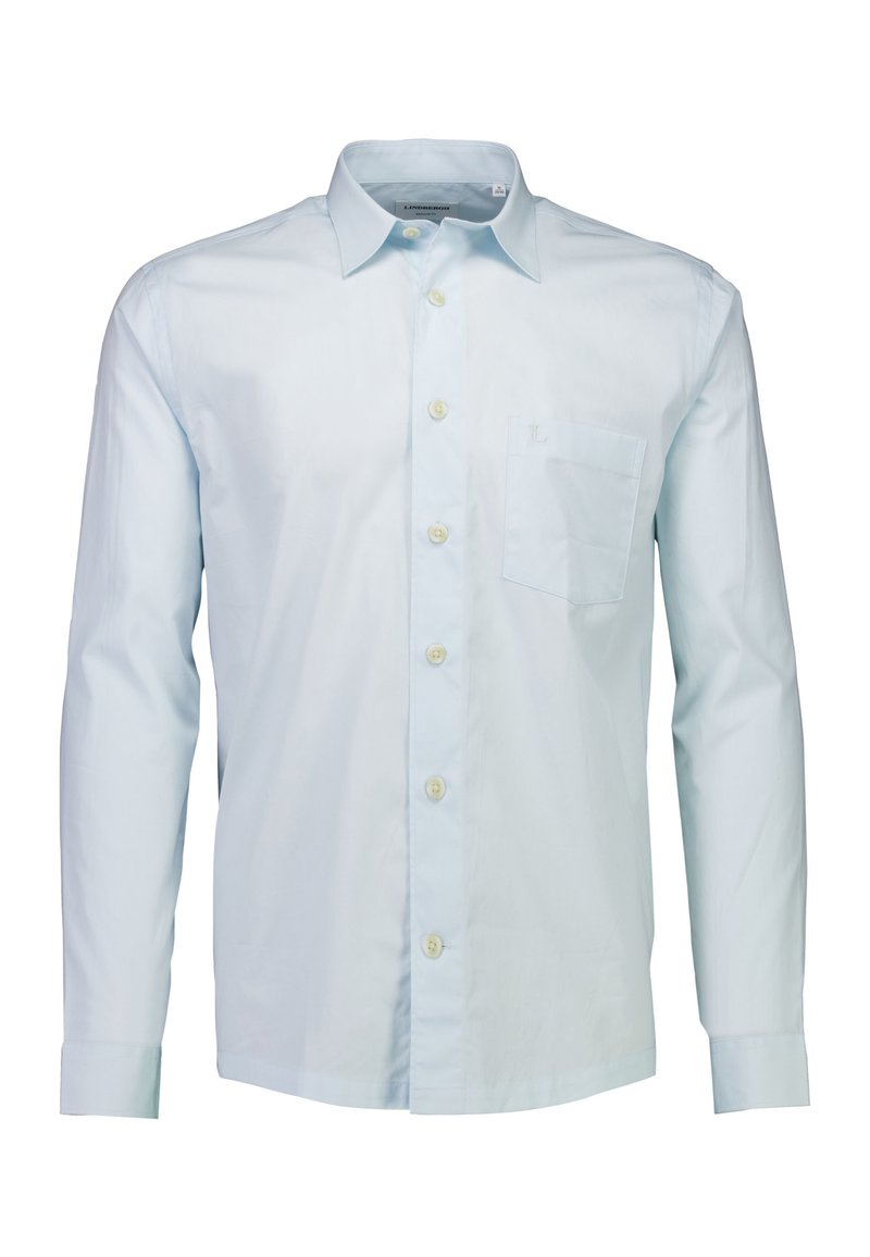 Camicia a maniche lunghe blu chiaro in cotone. Caratterizzata da un davanti con bottoni, un colletto e una singola tasca sul petto con logo ricamato.