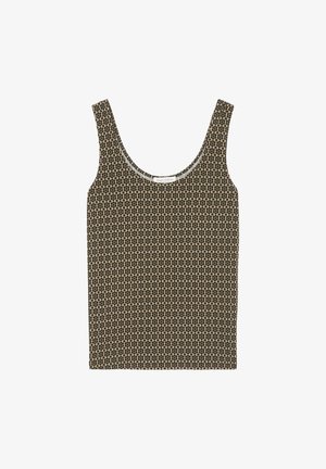 Débardeur marron à motifs avec un décolleté arrondi et de larges bretelles. Présente un motif circulaire répétitif sur un tissu doux.