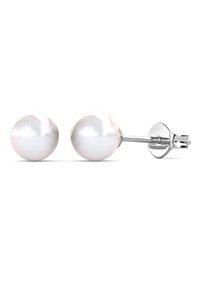 Orecchini a perni in perla bianca con superficie lucida, montati su un perno in argento e chiusura a farfalla, caratterizzati da forme rotonde e lisce.