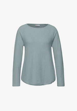 Lichtblauw langarmshirt met ronde halslijn, gemaakt van zacht materiaal. Beschikt over een ontspannen pasvorm en een gebogen onderrand. Geen patronen of graphics.