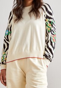 Roomkleurige trui met zebra-gestreepte mouwen met bloemmotieven in groen, blauw en rood; geribbelde manchetten en zoom met rode accenten.