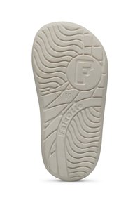 Zool van een schoen, gemaakt van wit rubber met een getextureerd zigzagpatroon, met een rond logo en merknaam in reliëf.