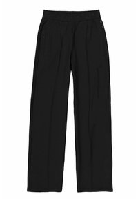 Zwarte, wijde broek van zachte stof, met een elastische tailleband en twee met rits toegankelijke zijzakken. Rechte snit met subtiele stikdetails.