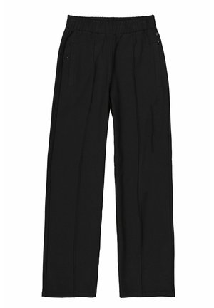 Schwarze, weite Hosen aus weichem Stoff, mit elastischem Bund und zwei Reißverschlusstaschen an den Seiten. Gerader Schnitt mit subtilen Nähdetails.