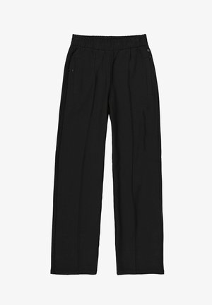 Black, wide-leg pants made of soft fabric, featuring an elastic waistband and two zippered side pockets. Straight cut with subtle stitching details.