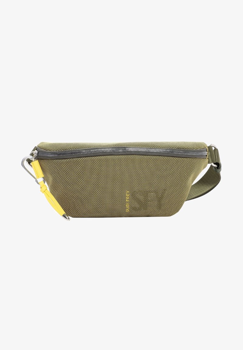 Borsa in tessuto verde strutturato con una tracolla gialla e accessori in metallo argentato. Presenta una chiusura con zip e un design snello, adatta per l'uso quotidiano.