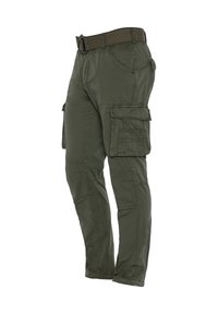Pantaloni cargo verde oliva in tessuto leggero, caratterizzati da numerose tasche, linea dritta e cintura regolabile con trama.
