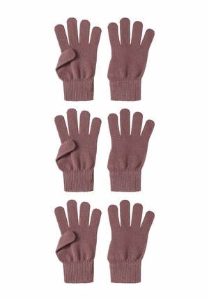 Six pairs of purple convertible mittens showing finger openings and flap covers on white background.