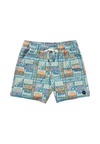 Mönstrade badshorts i nyanser av blått, orange och lila. Har elastisk midja, dragsko och olika grafiska motiv och text.