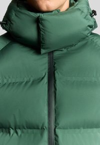 Grön vadderad jacka med hög krage, slät yta och central dragkedjestängning. Har en vadderad design för isolering.