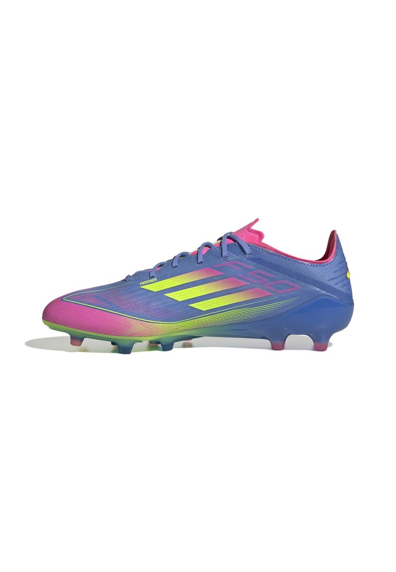Blue and pink soccer cleat with a gradient design, featuring a textured upper, three-stripe branding, and plastic studs for grip.