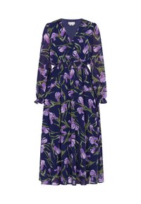 Rochie de culoare bleumarin cu motive florale, prezentând modele cu irisuri violet, mâneci lungi, design tip înfășurare și talie adunată; realizată dintr-un material ușor și transparent.
