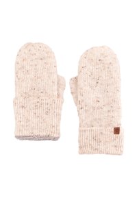 Beżowe dziergane rękawiczki z prążkowaną strukturą, z kolorowymi przetarciami, z zagiętym mankietem i małą brązową metką z logo.