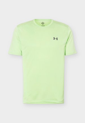 Hellgrünes Sport-T-Shirt mit kurzen Ärmeln, rundem Ausschnitt und kleinem schwarzem Under Armour-Logo auf der linken Brust.