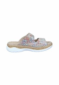 Sandale en toile tressée multicolore avec semelle intérieure rembourrée, semelle en caoutchouc blanche et intercalaire texturé ressemblant à de la corde. Design à bout ouvert.