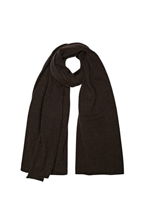 Brown scarf made of soft material, featuring a simple, long, and rectangular design with no visible patterns or hardware details.