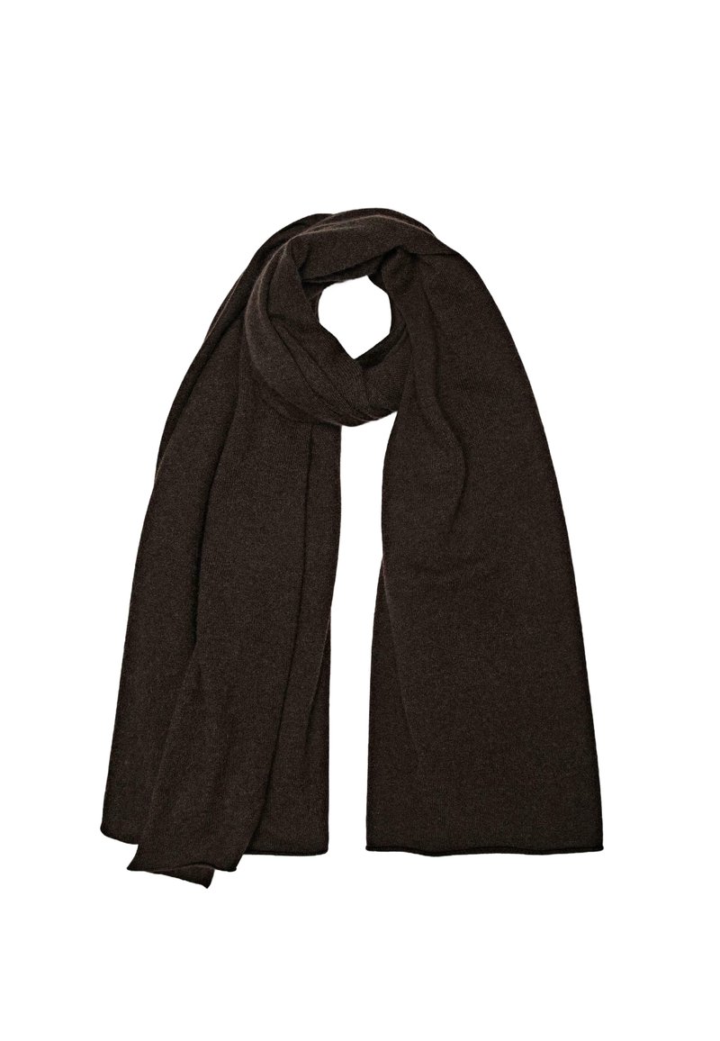 Écharpe brune en matériau doux, avec un design simple, long et rectangulaire, sans motifs visibles ni détails en matériel.