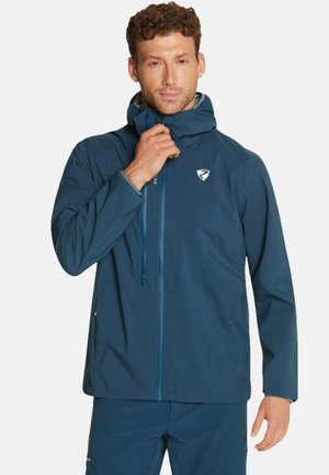 Blaue Kapuzenjacke aus leichtem Stoff. Mit einem Frontreißverschluss, Kordelzug und einem Logo auf der Brust. Glatte Textur und taillierter Schnitt.