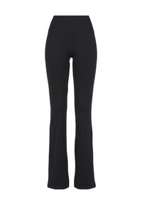 Černé vysoké přiléhavé kalhoty na jógu s rozšiřujícími se nohavicemi, prezentované na bílém pozadí.