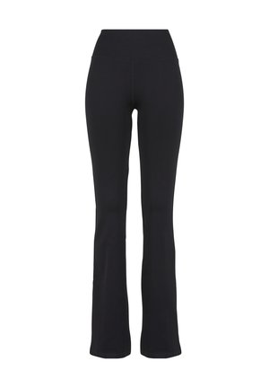 Pantaloni da yoga neri a vita alta, aderenti, con gambe a zampa, presentati su sfondo bianco.