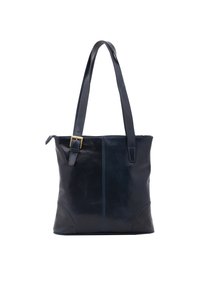 Marineblauwe leren tote bag met een gladde textuur, rechthoekige vorm, twee schouderbanden en een gouden gesp accent aan de zijkant.