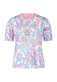 Kortärmad, vit t-shirt med ett pastellblommönster i rosa och blått. Har en rund halsringning och texten "RELAX" med glittrande detaljer.