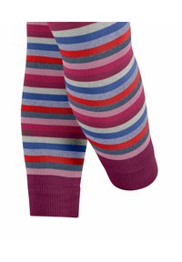 Gambaletti colorati a strisce con bande alternate di rosa, blu, rosso e grigio. Tessuto a maglia con polsini a coste su entrambe le estremità.