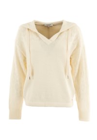 Felpa a cappuccio di colore crema, in maglia morbida, con scollo a V e motivo a rombi sulle maniche. Presenta cordini e una vestibilità leggermente rilassata.