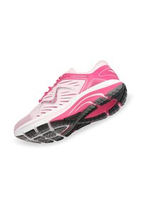 Running shoe with a pink and white mesh upper, reinforced toe cap, and textured black outsole. Features reflective accents and laces.