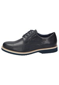 Scarpe in pelle nera con lacci, dalla superficie testurizzata, con suola di un marrone chiaro. Presentano una punta rotonda e dettagli di cucitura sottili.